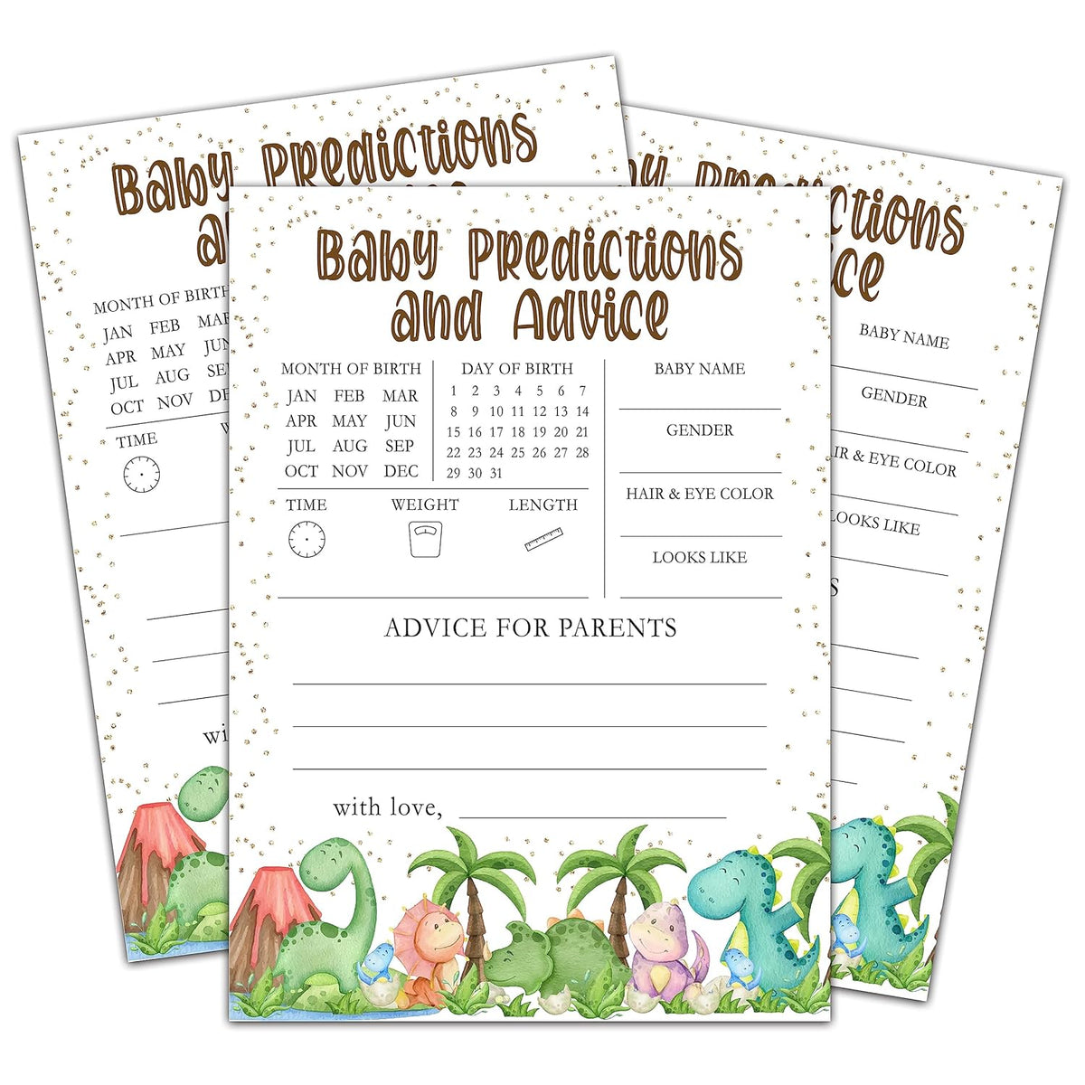 Baby Shower Games For Boys Girls - Dinosaur Predictions And Advice Cards, Tropical Dino Gender Reveal Party Decorations, 5" X 7" Double-Sided (30 Games)-C01