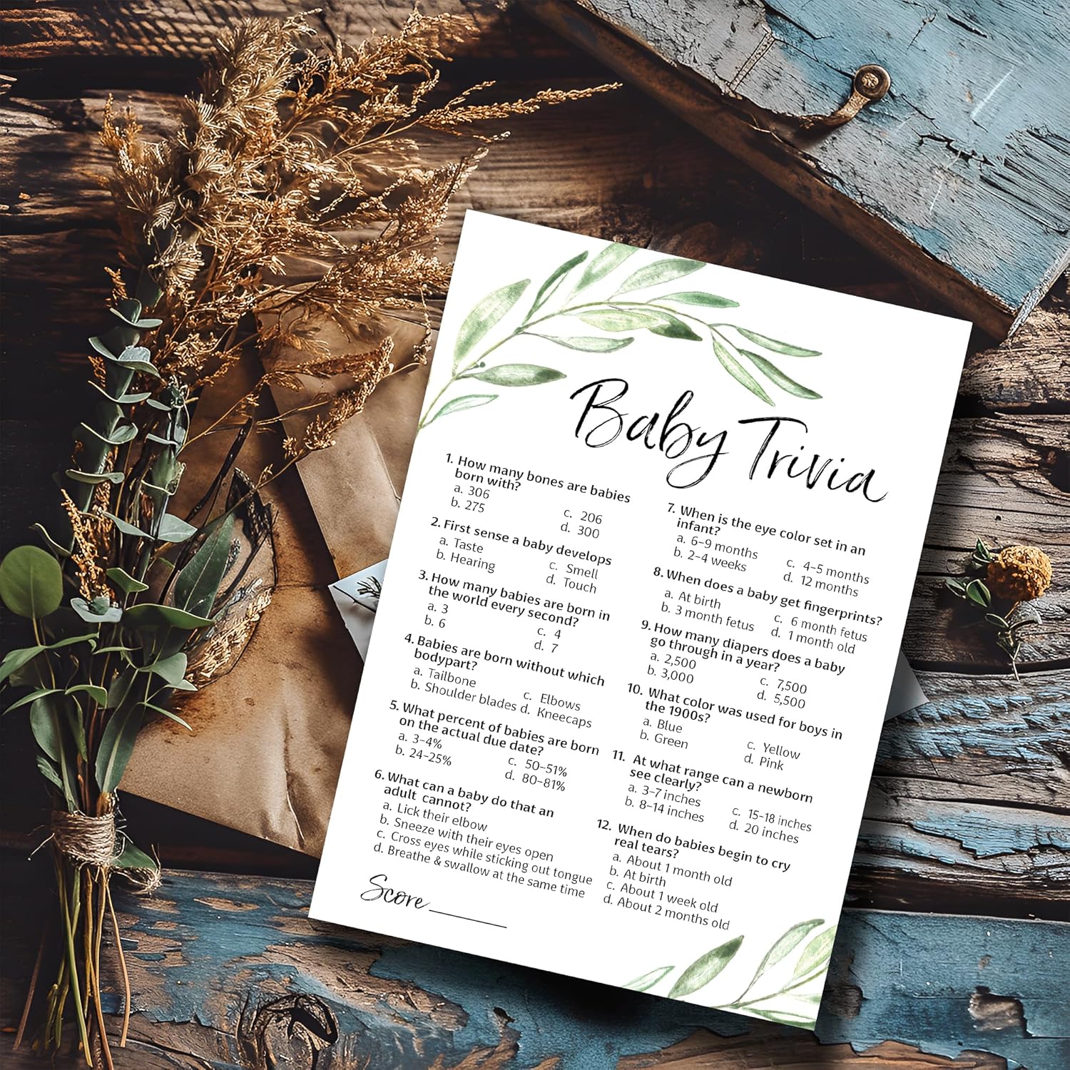Greenery Baby Shower Games — Baby Trivia Game — Pack Of 25 — Fun Facts Trivia Green Olive Branch, Floral Rustic Gender Neutral Couples Shower Activity Reveal Party G320-Trv