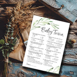 Greenery Baby Shower Games — Baby Trivia Game — Pack Of 25 — Fun Facts Trivia Green Olive Branch, Floral Rustic Gender Neutral Couples Shower Activity Reveal Party G320-Trv