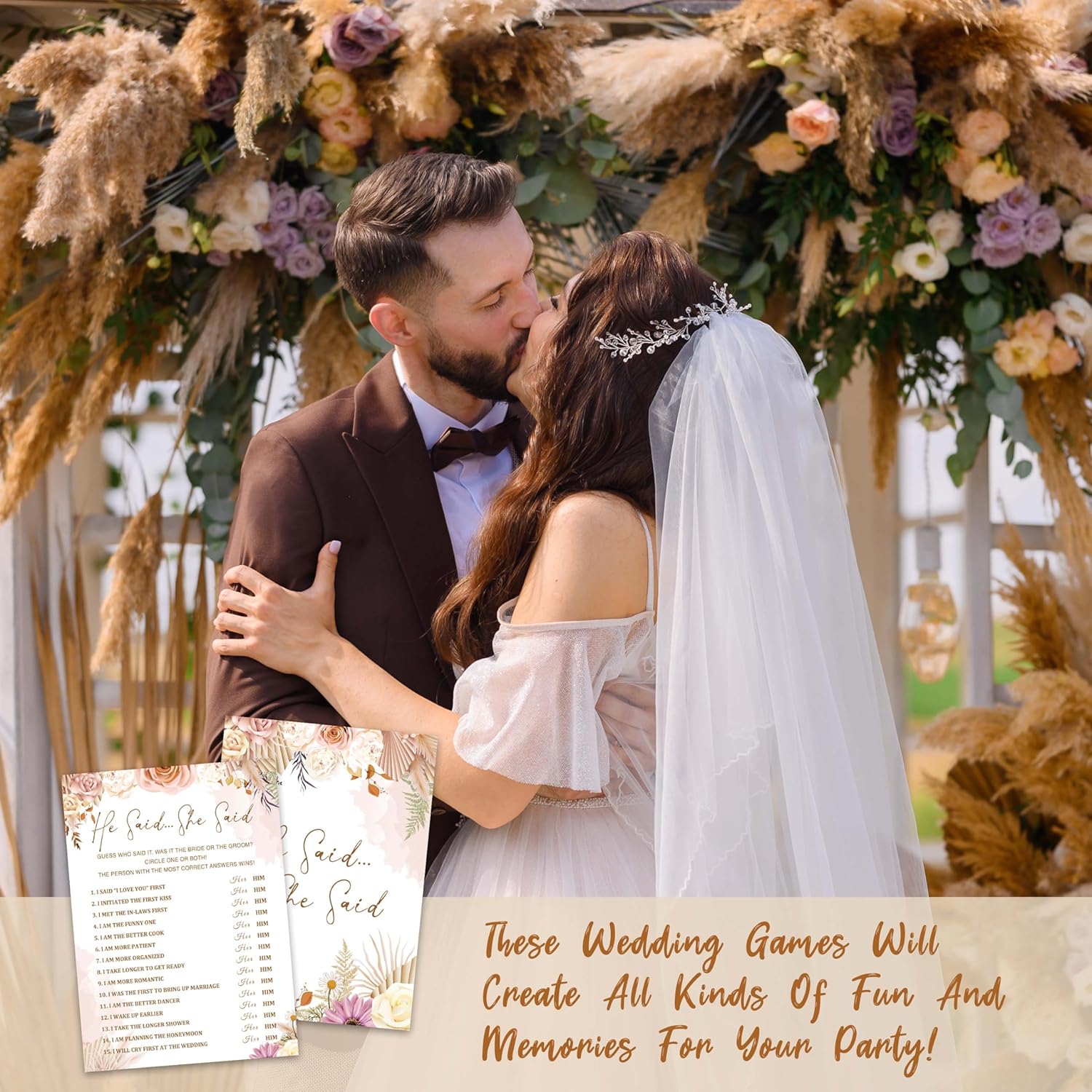 Boho Bridal Shower Game Set - He Said She Said Bohemian Wedding Shower Games Cards - 30 Pack Pampas Grass Engagement Party Decorations - Fall Floral Bachelorette Party Ideas And Activities -05