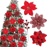 48 Pcs Fake Poinsettia Glitter Flowers And Berry Stems Artificial Red Christmas Flower With Clips Decoration For Xmas Tree Ornaments Party Wreath Decor (Red)