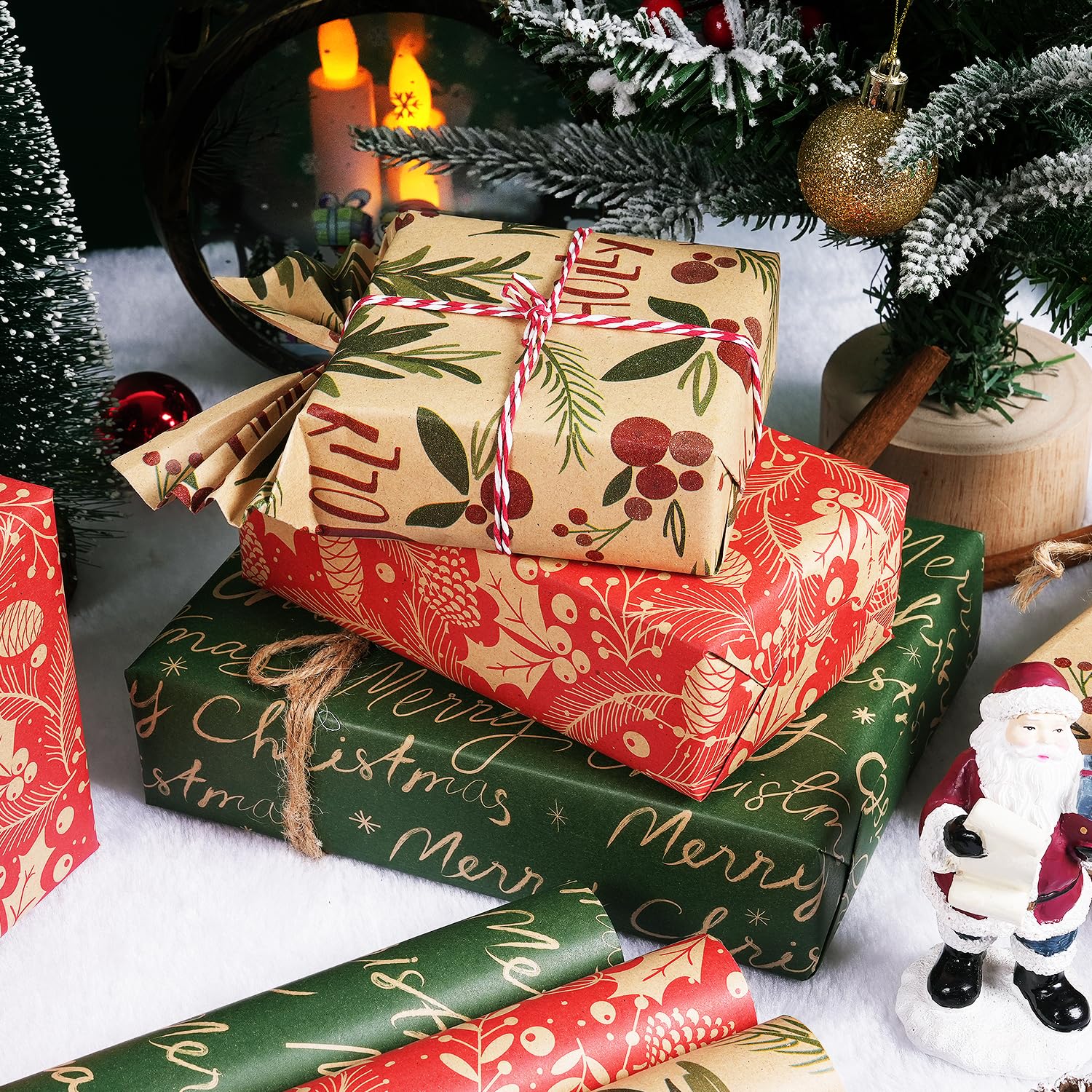 Christmas Wrapping Paper Rolls, Red And Green Kraft Gift Wrapping Paper, Holly Berries Pinecones Green Leaves And Merry Christmas Lettering Gift Wrap Paper For Xmas Holiday, 3 Mini Rolls 17 X 118 Inch