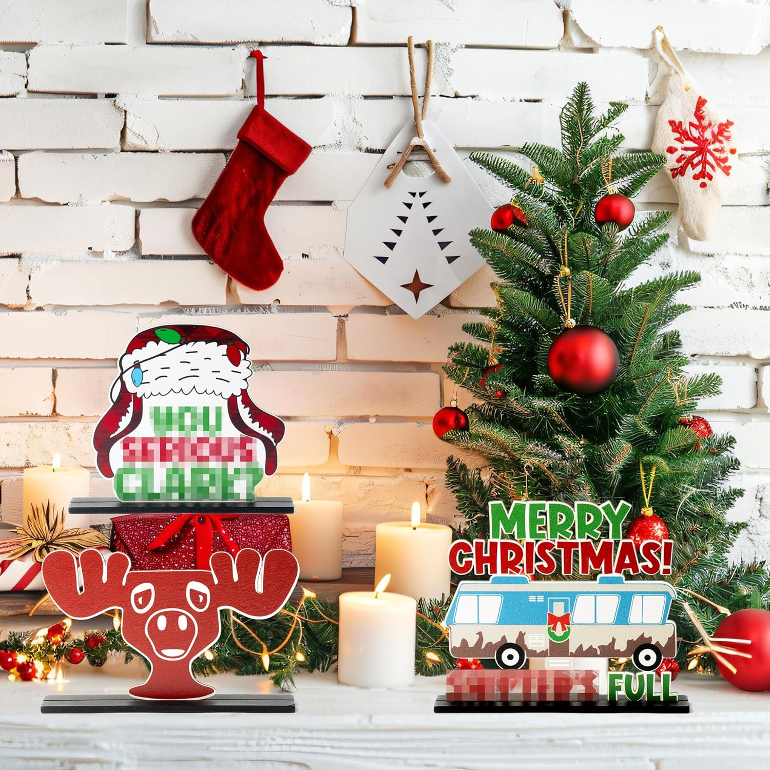 Christmas Wooden Table Centerpieces Decoration - 4Pcs Christmas Vacation Wood Desktop Removable Decor Sign Merry Christmas Gnome Ornaments For Christmas Winter Theme Party Decor Table Tier Tray