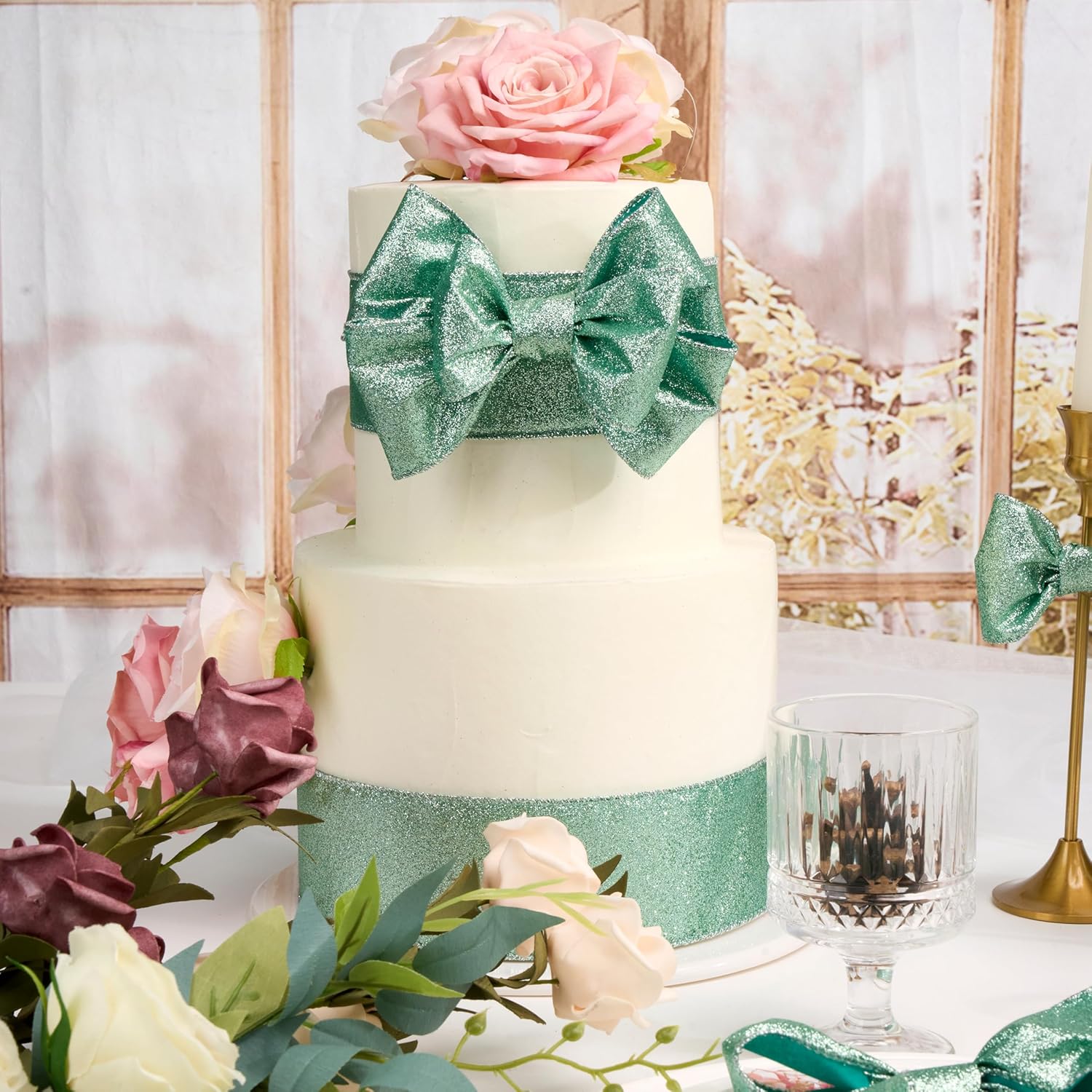 Sage Green Glitter Wired Ribbon 2.5 Inch X 10 Yard Green Christmas Ribbon For Wreaths And Bows, Crafts And Floral Supply, Green Glitter Spring Ribbon, Summer Ribbon, Wedding, Home Decor