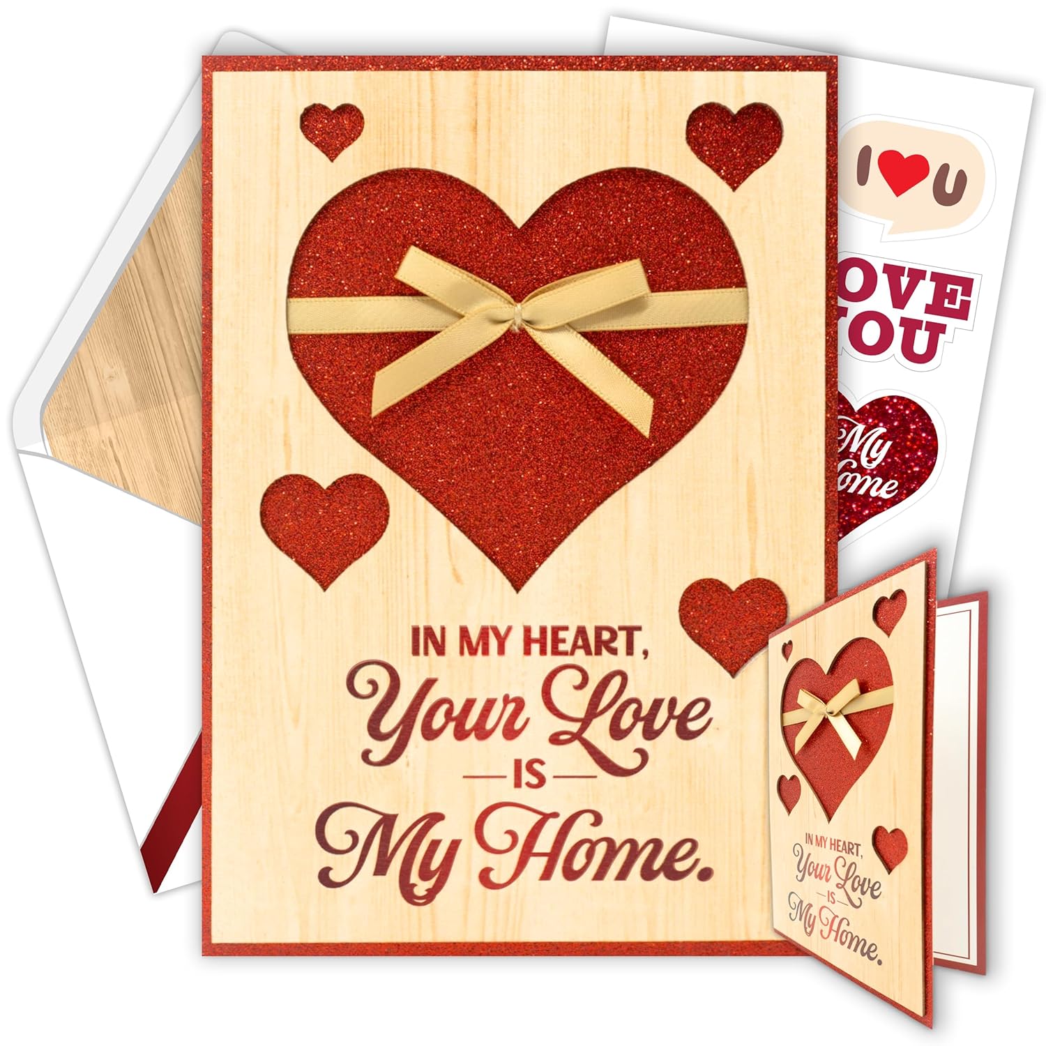 Glittery 5X7In Handmade Individual Wood Valentine Card For Husband Or Wife With Die-Cut Hearts & Ribbon, With Envelope & Stickers For Loved Ones, Printed Message Inside, Gifting & Mailing
