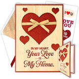 Glittery 5X7In Handmade Individual Wood Valentine Card For Husband Or Wife With Die-Cut Hearts & Ribbon, With Envelope & Stickers For Loved Ones, Printed Message Inside, Gifting & Mailing