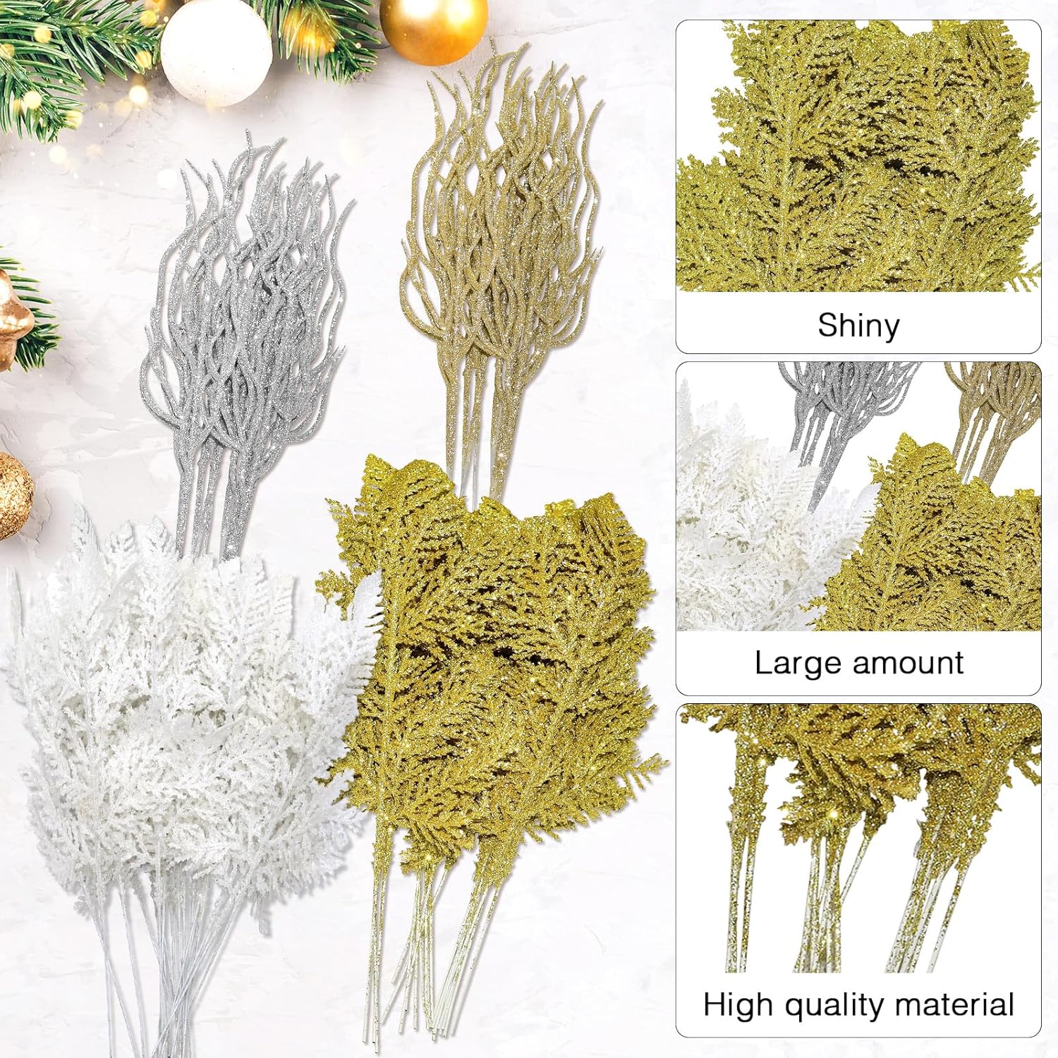 60 Pcs Christmas Glitter Artificial Pine & Cedar Branches - Sparkly Stems Picks For Christmas Tree,Garland,Wreath,Holiday Party & Winter Home Decor