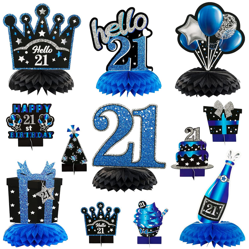 12Pcs 21St Birthday Honeycomb Centerpieces Decoration, Blue Black Silv