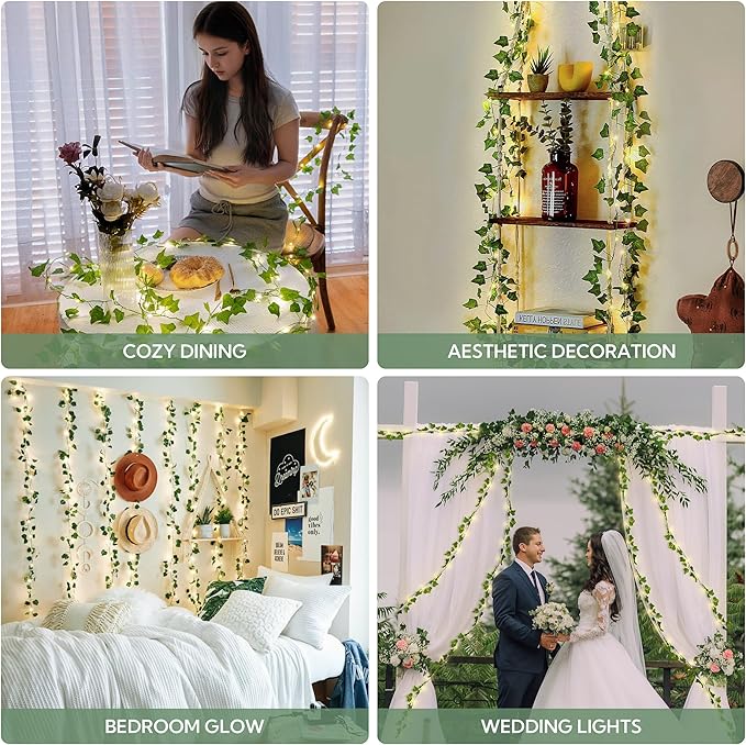 23FT Fake Ivy Vines with Lights 73 LED Artificial Greenery Garland Warm White Fairy Lights USB/Battery Operated for Bedroom Wall Balcony Wedding Decor