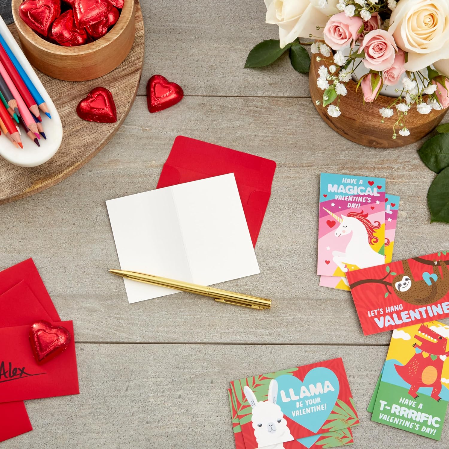 Hallmark Mini Valentines Day Cards for Kids School, Llama, Sloth, Dinosaur, Unicorn (32 Classroom Valentines with Envelopes)