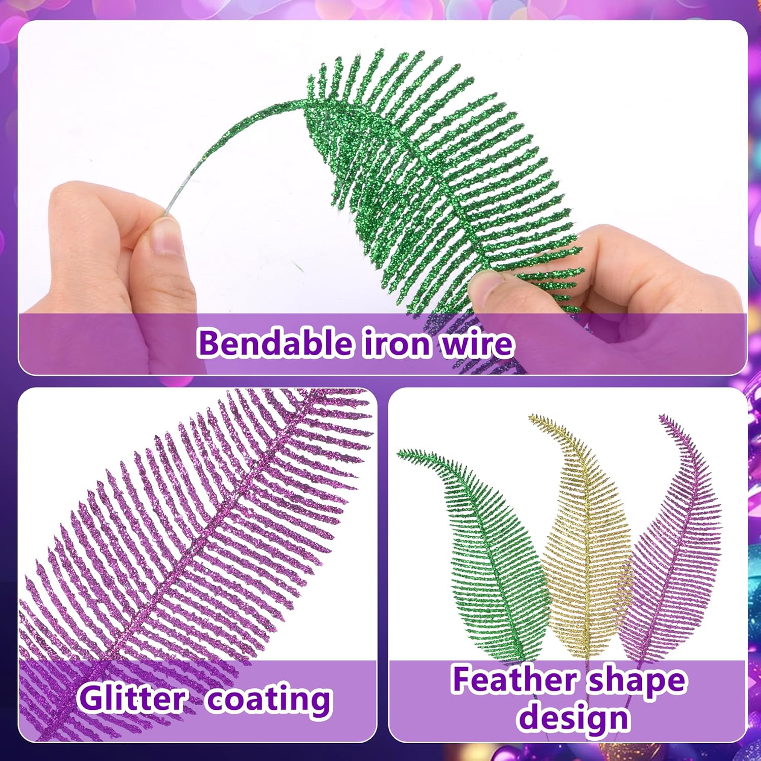 60 Pcs Mardi Gras Glitter Leaves Feathers Stems, 11.4" X 2.5" Purple Gold Green Artificial Feather Leaves Picks Vase Filler, Mardi Gras Faux Sparkly Leaf Twigs Sprays For Carnival Party Table Decor