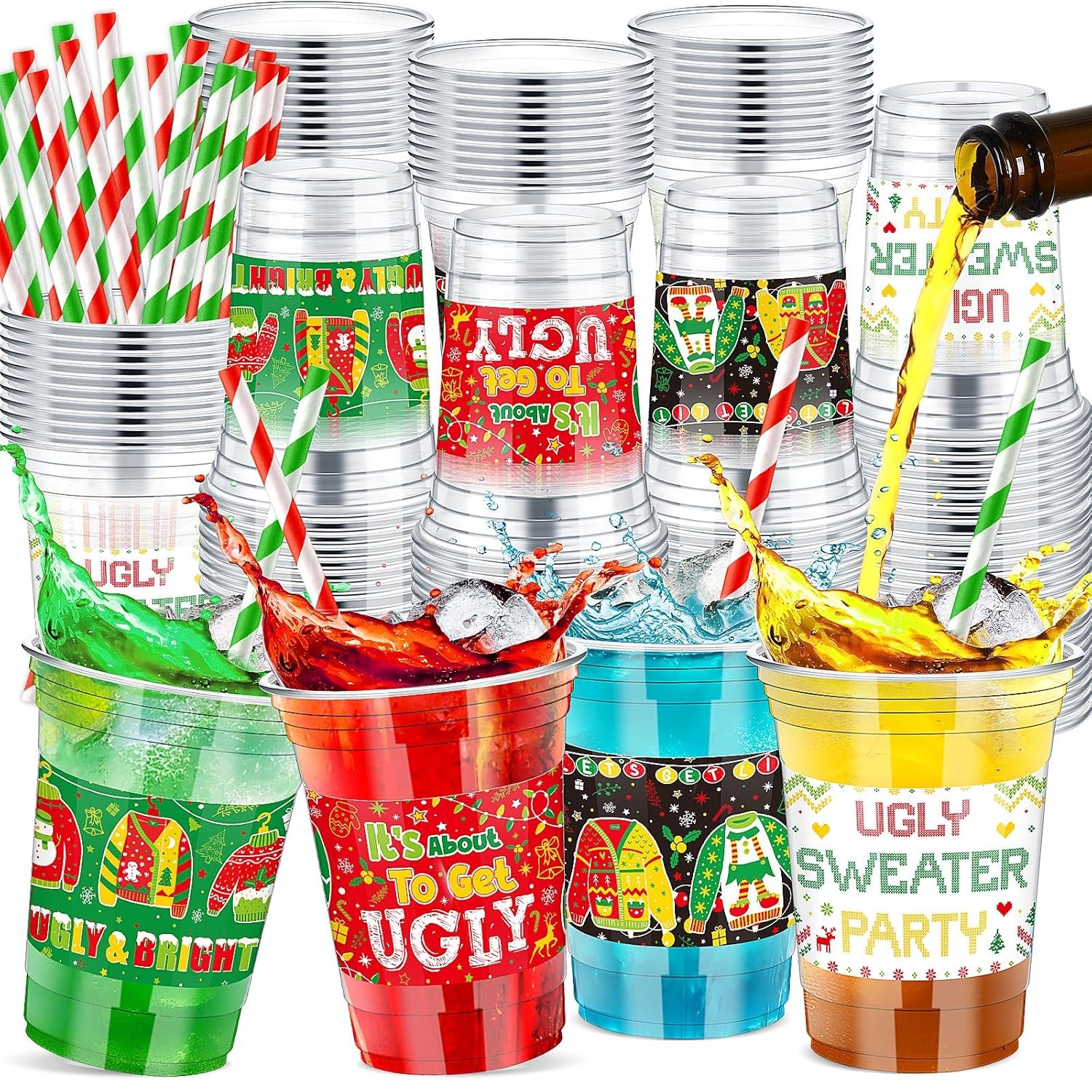 100 Pcs 12 Oz Christmas Ugly Sweater Plastic Cups With Straws Christmas Disposable Plastic Cups Winter Xmas Holiday Party Cup Bulk For Merry Christmas Party Supplies Xmas Party Decorations
