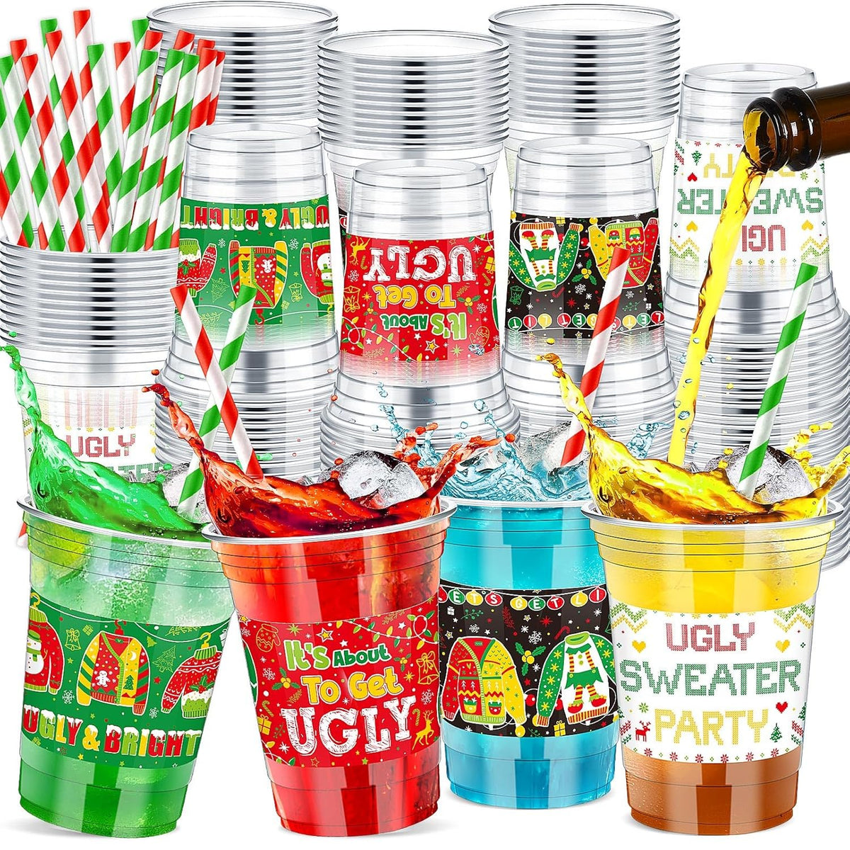 100 Pcs 12 Oz Christmas Ugly Sweater Plastic Cups With Straws Christmas Disposable Plastic Cups Winter Xmas Holiday Party Cup Bulk For Merry Christmas Party Supplies Xmas Party Decorations