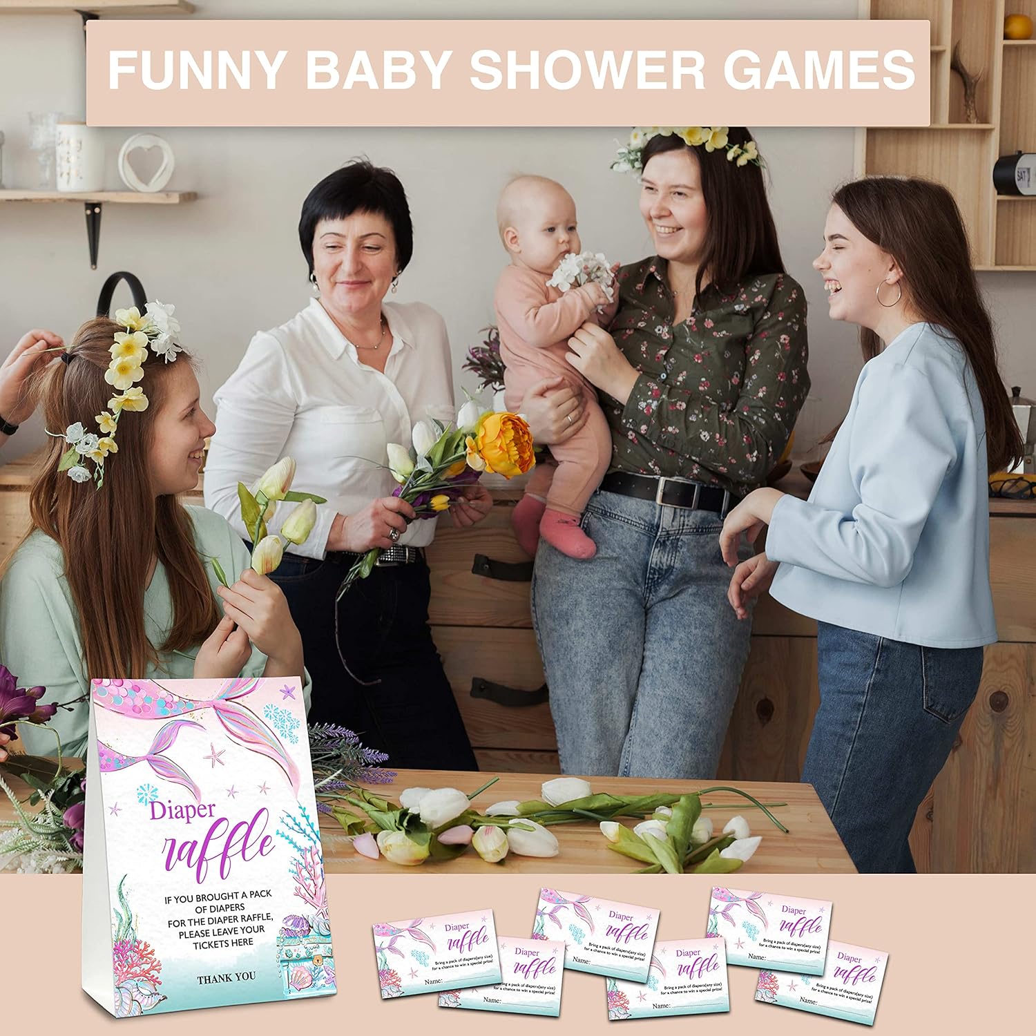 Diaper Raffle Party Games, Mermaid Baby Shower Game, Under The Sea Themed Baby Gender Reveal Party Supplies & Activities -1 Double Sided Standing Sign + 50 Guessing Cards (A08)
