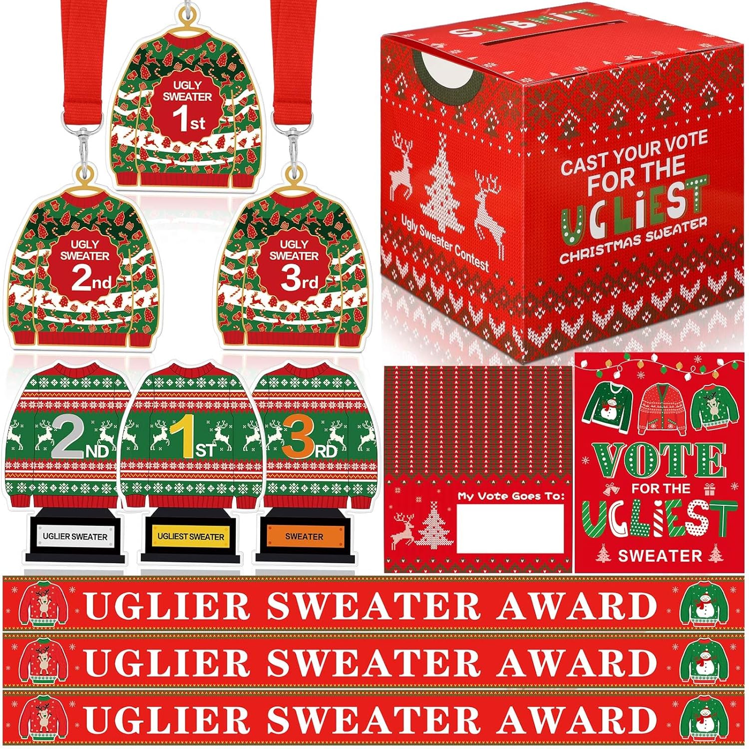 71 Pcs Christmas Ugly Sweater Game Sets With Contest Ballot Box, 60 Voting Cards, 3 Award Sashes, 1 Ugly Sweater Table Sign, 3 Prize Necklaces, 3 Award Badges For Party Game Supplies