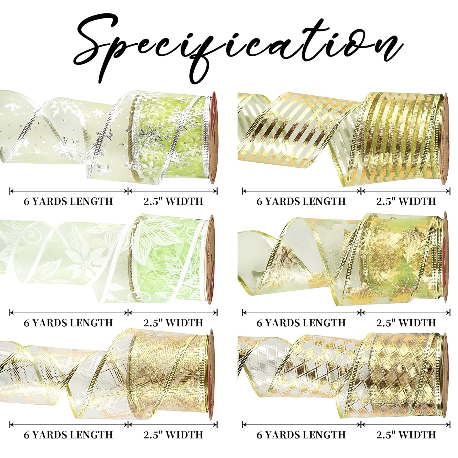 Green Ribbon Set - 6 Rolls, 36 Yards, Wired, Gold & Green For Christmas Tree Decorations