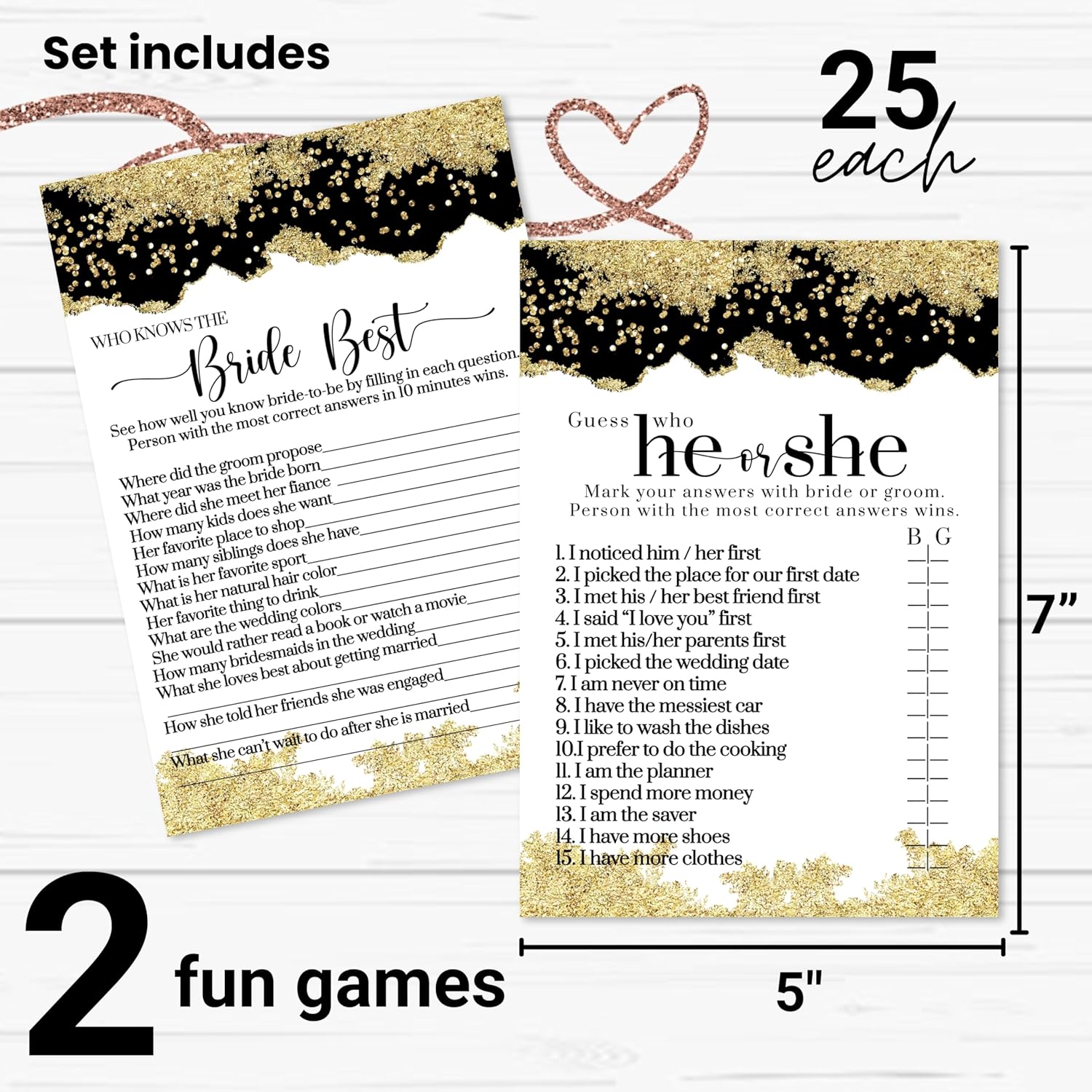 Black And Gold Bridal Shower Games - He Said Or She Said & Who Knows The Bride Best - 25 Double-Sided Cards Bundle - Fun Ideas For Engagement Parties, Rehearsal Dinners, Modern Watercolor Design