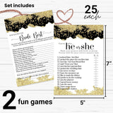 Black And Gold Bridal Shower Games - He Said Or She Said & Who Knows The Bride Best - 25 Double-Sided Cards Bundle - Fun Ideas For Engagement Parties, Rehearsal Dinners, Modern Watercolor Design