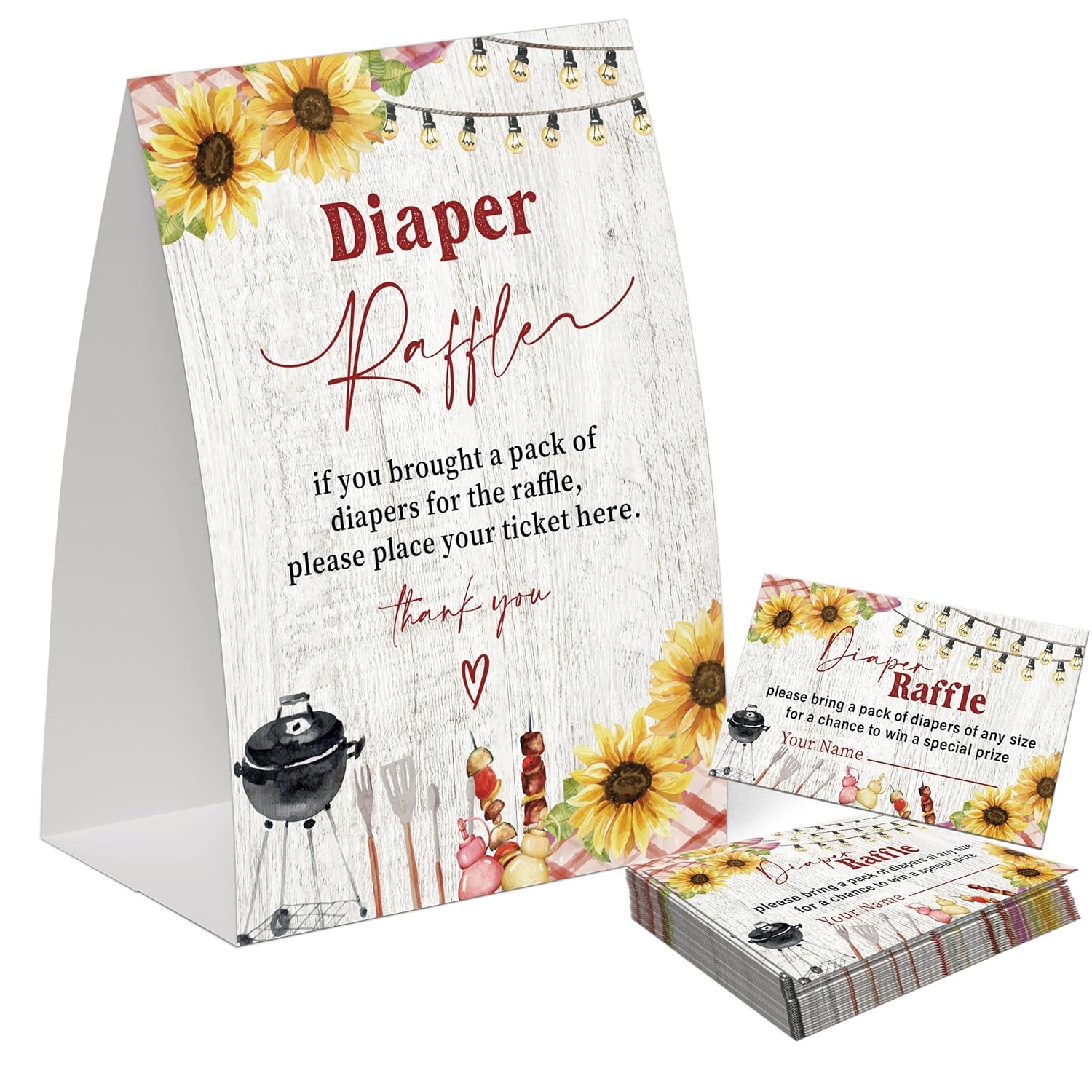 Bbq Diaper Raffle For Baby Shower, Pack Of One 5X7 Sign And 50 Diaper Raffle Tickets, Backyard Baby Shower Decoration, Gender Neutral Party Supplies - Nb04