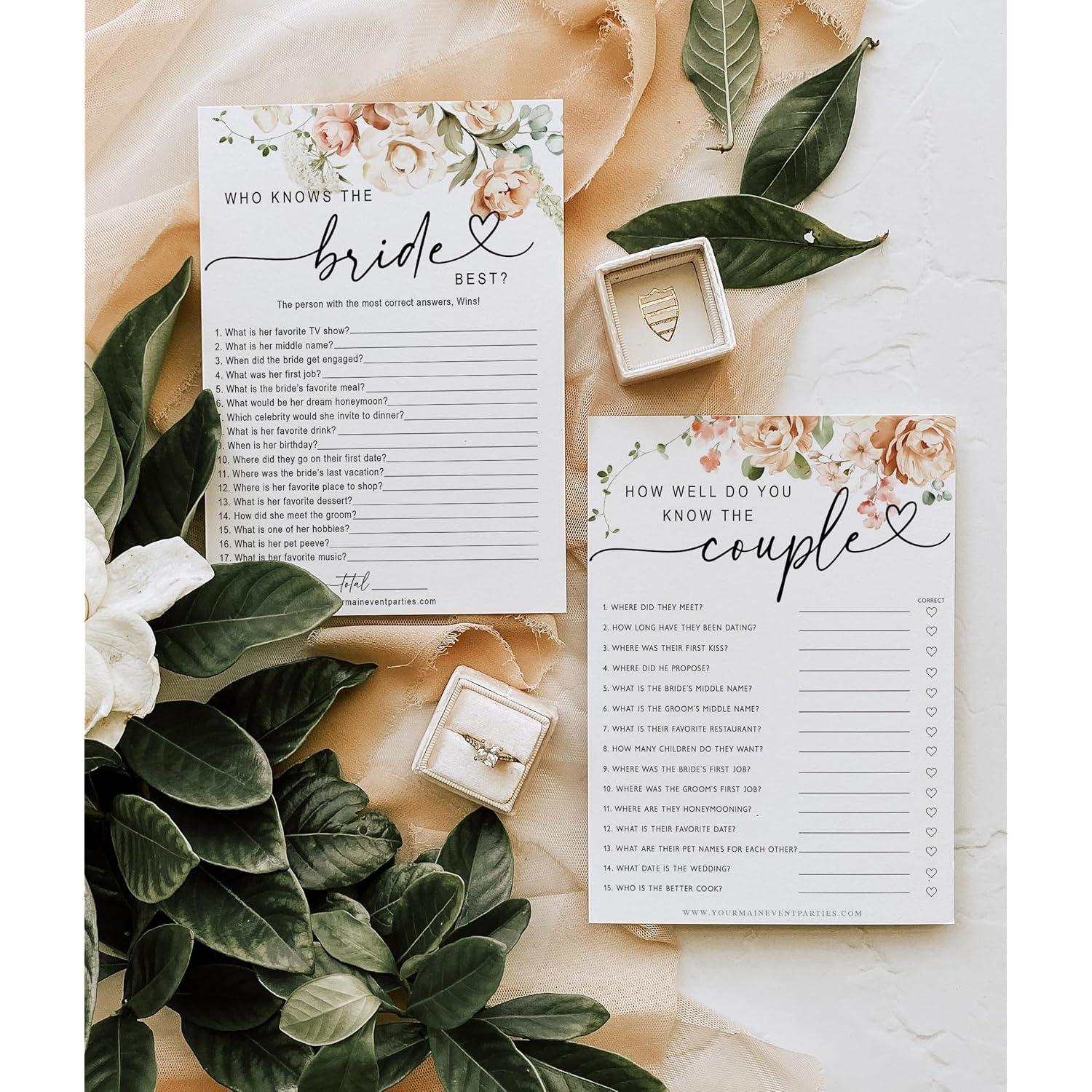 50 Pack Of Bridal Shower Games, How Well Do You Know The Couple And Who Knows The Bride Best, Floral Modern Minimalistic Design.
