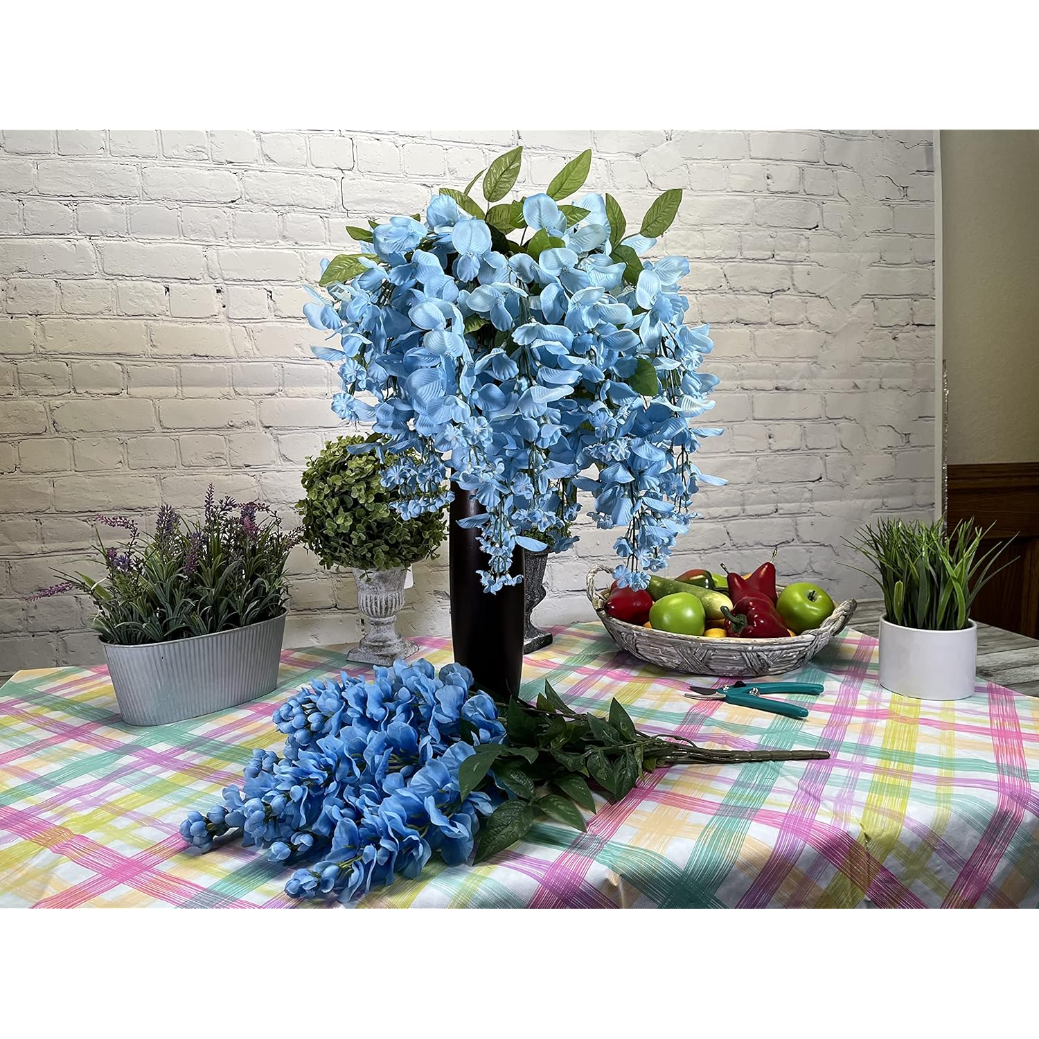 2Pcs Of 15 Stem Artificial Flowers Wisteria Hanging Plants Flowers For Outdoor, Fake Hanging Plant Baskets For Home Decor Wedding Garden Cemetery Flowers For Grave, Periwinkle