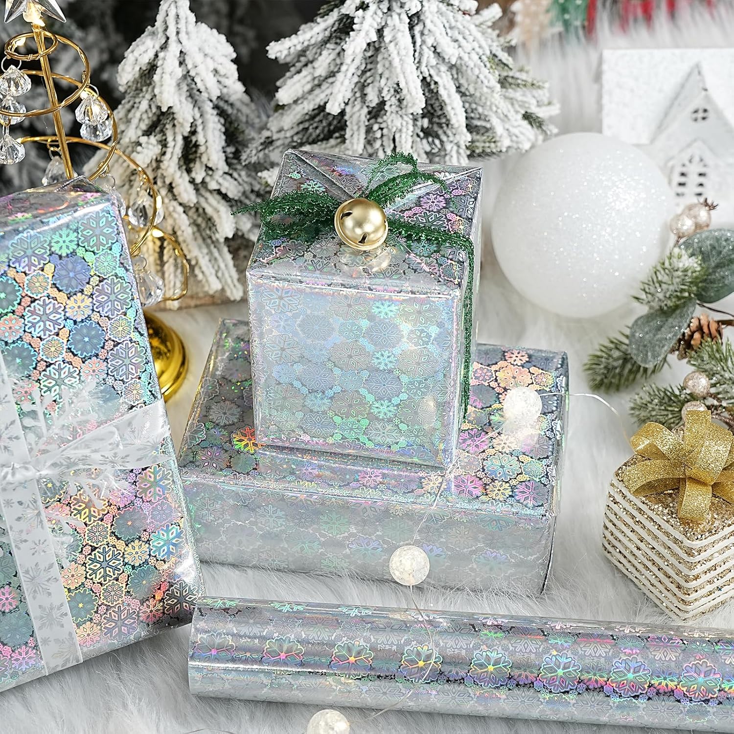 Silver Holographic Wrapping Paper, Metallic Snowflake Design For Christmas, New Year'S Eve, Holiday Party, Birthday Bash, Bridal Shower, Baby'S First Christmas, Mini Roll, 17 In X 32.8 Ft