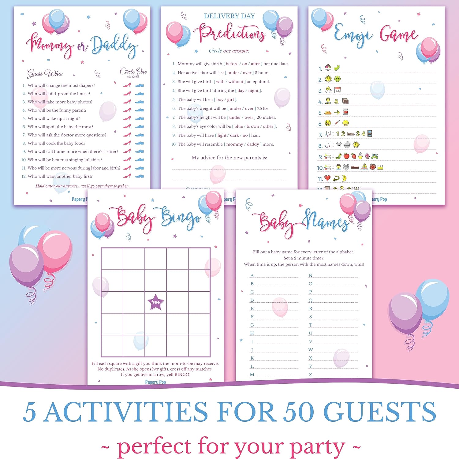 Gender Reveal Party Games - 5 Activities For 50 Guests - Double Sided Games