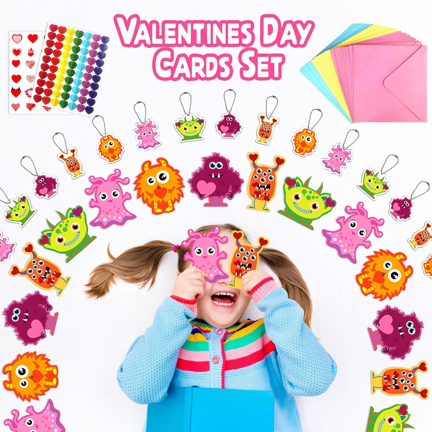 Valentines Cards For Kids, 30 Pack Monster Valentines Day Cards With Cute Monster Pendant Gifts & Envelopes - Exchange Gifts For School Classroom