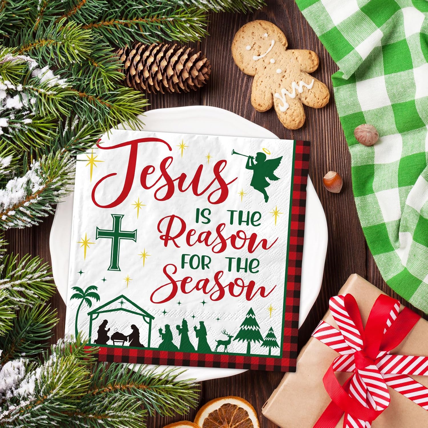 50Pcs Christmas Nativity Paper Napkin Plaid Christian Disposable Napkin Holy Night Dessert Dinner Hand Napkin For Xmas Holiday Party Supplies