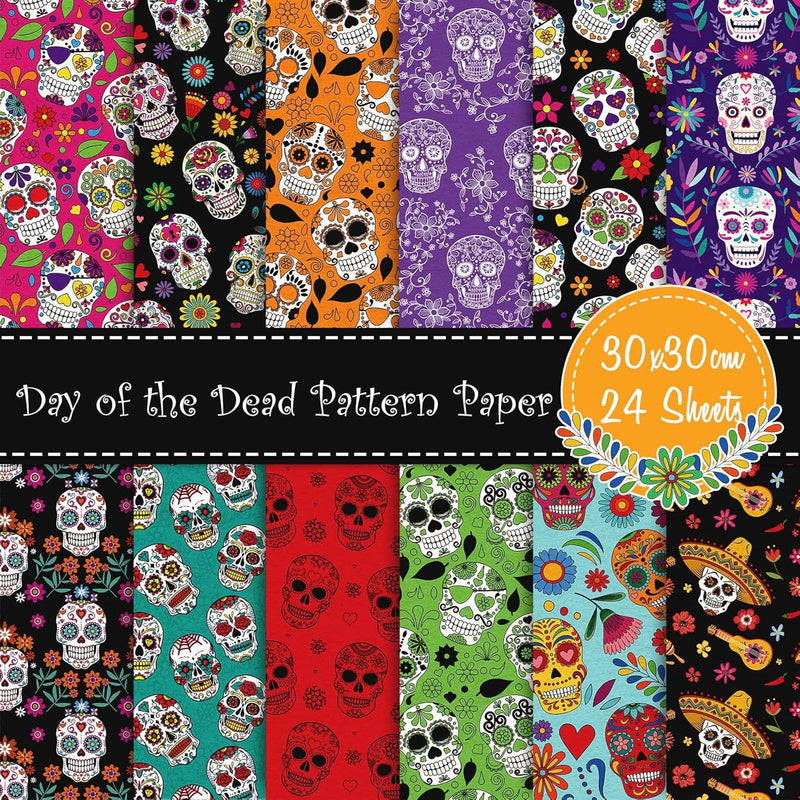 24Pcs Day Of The Dead Pattern Paper 30X30Cm Scary Skeleton Scrapbook Paper Dou