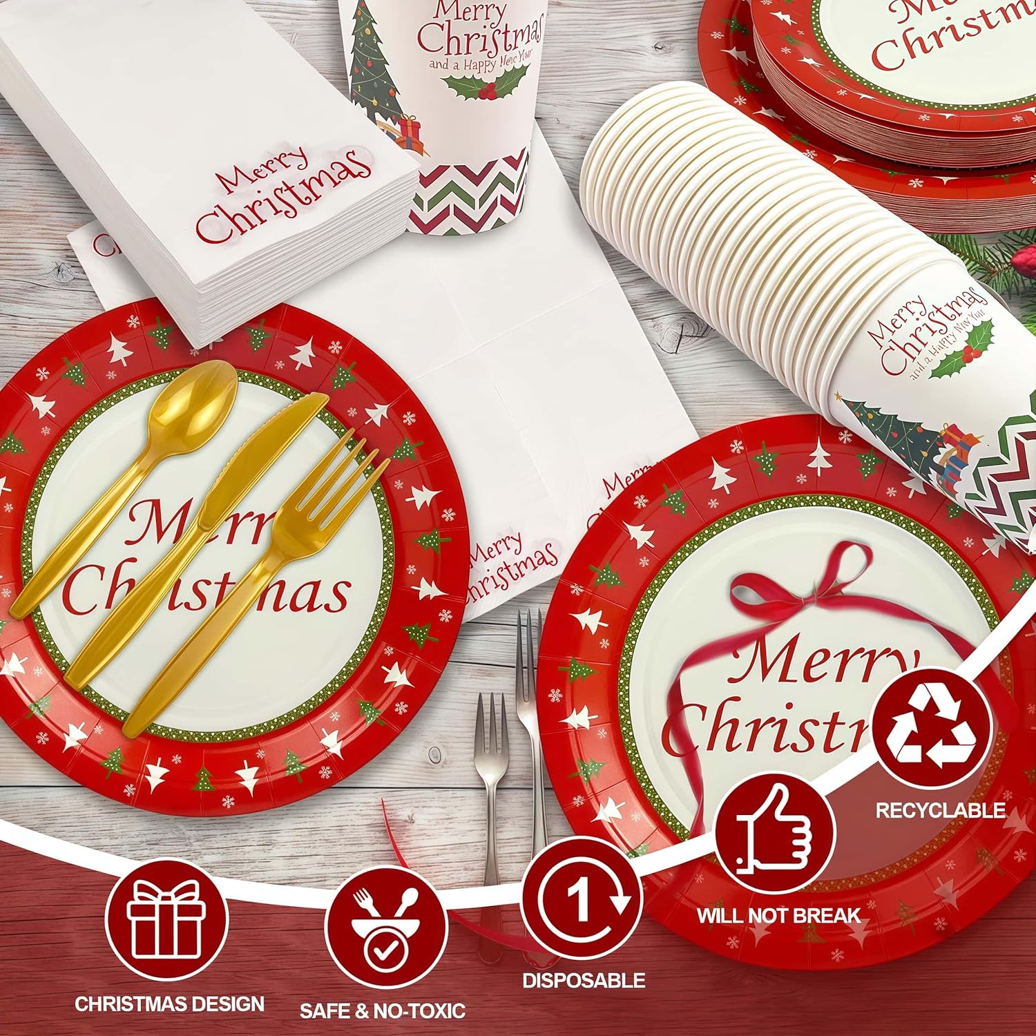 200 Pcs Merry Christmas Disposable Dinnerware Set For 25 Guests Christmas Paper Plates (7"& 9"), Paper Cups, Napkins, Plastic Cutlery For Xmas Winter Holiday Dinner Party Celebrations