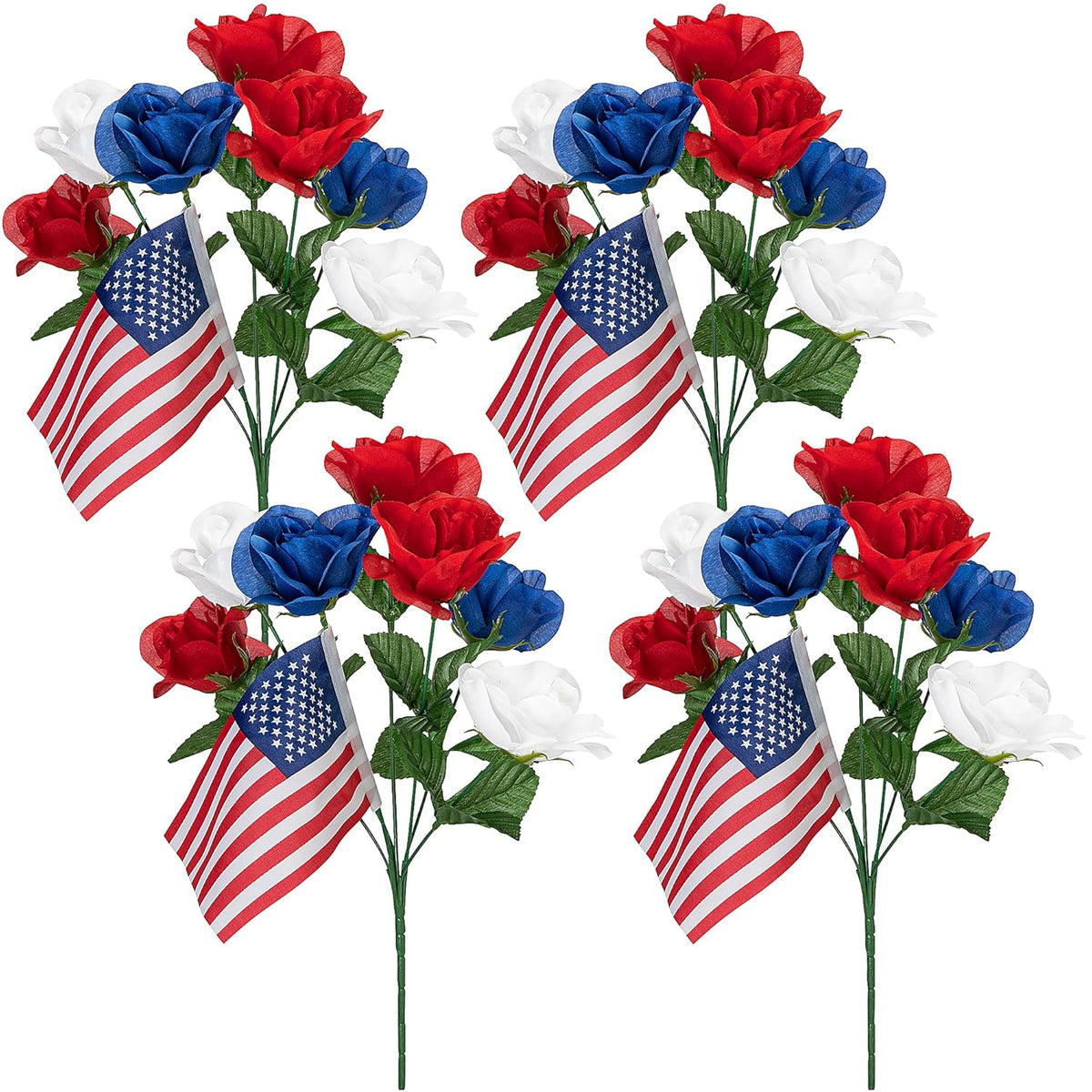 4 Bunches Memorial Day Artificial Flowers, Red Blue White Cemetery Flower With Flags, Patriotic Bouquet Decorations For Veterans Day 4Th Of July Independence Day Grave Home Decor