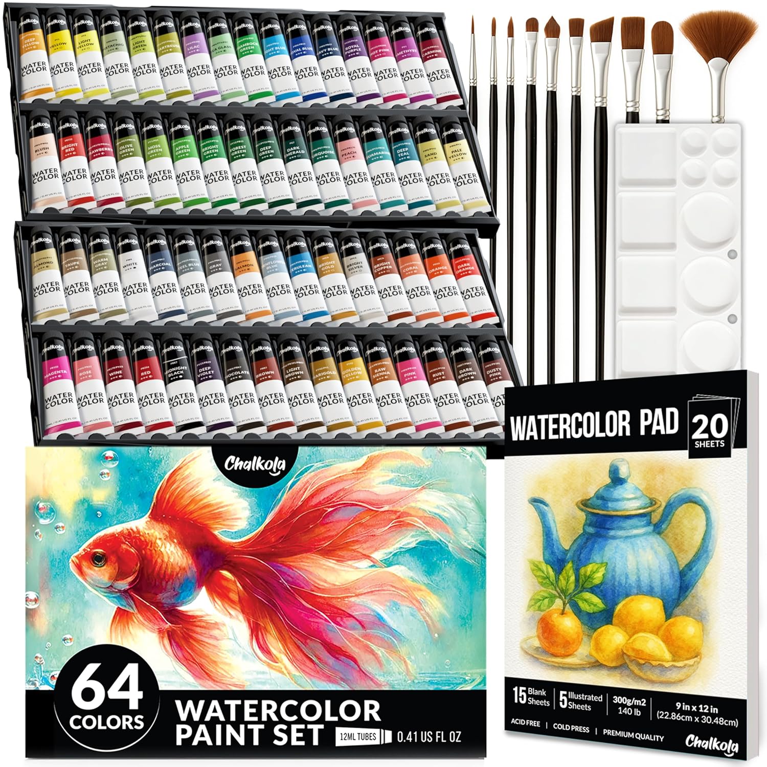 Watercolor Paint Set - 64 Water Color Paint Tubes (12Ml, 0.4Oz), 10 Painting Brushes & 1 Palette, 20 Watercolor Pad | Art Supplies For Adults & Professional Artists