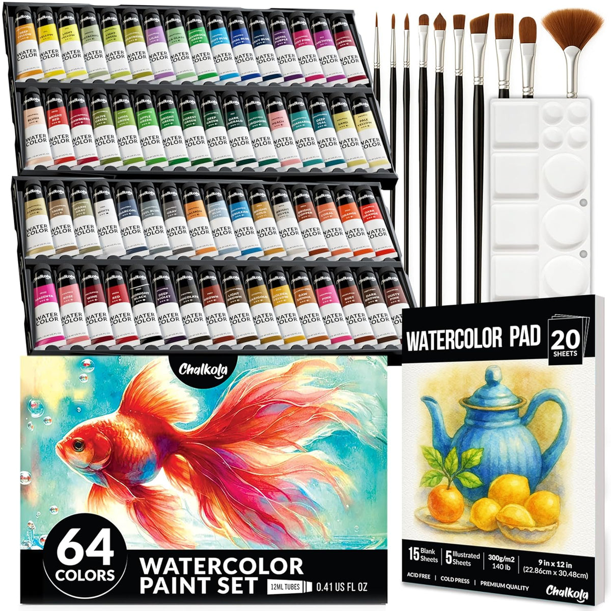 Watercolor Paint Set - 64 Water Color Paint Tubes (12Ml, 0.4Oz), 10 Painting Brushes & 1 Palette, 20 Watercolor Pad | Art Supplies For Adults & Professional Artists