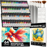 Watercolor Paint Set - 64 Water Color Paint Tubes (12Ml, 0.4Oz), 10 Painting Brushes & 1 Palette, 20 Watercolor Pad | Art Supplies For Adults & Professional Artists