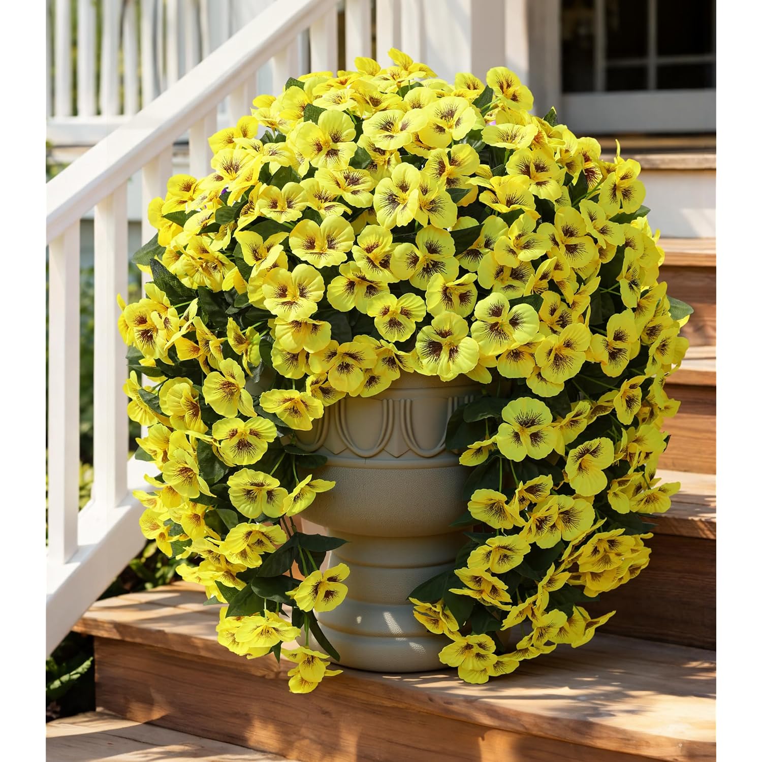 Artificial Flowers For Outdoors 2Pcs Faux Silk Pansy Vines Lush Uv Resistant Fake Hanging Flower Plants For Outside Porch Yard Patio Window Box (Yellow)