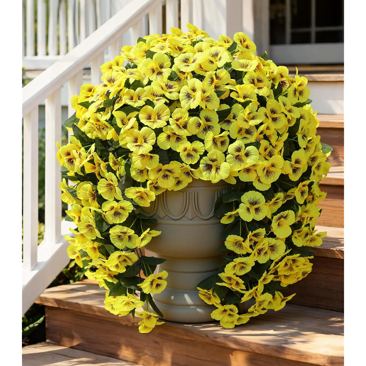 Artificial Flowers For Outdoors 2Pcs Faux Silk Pansy Vines Lush Uv Resistant Fake Hanging Flower Plants For Outside Porch Yard Patio Window Box (Yellow)