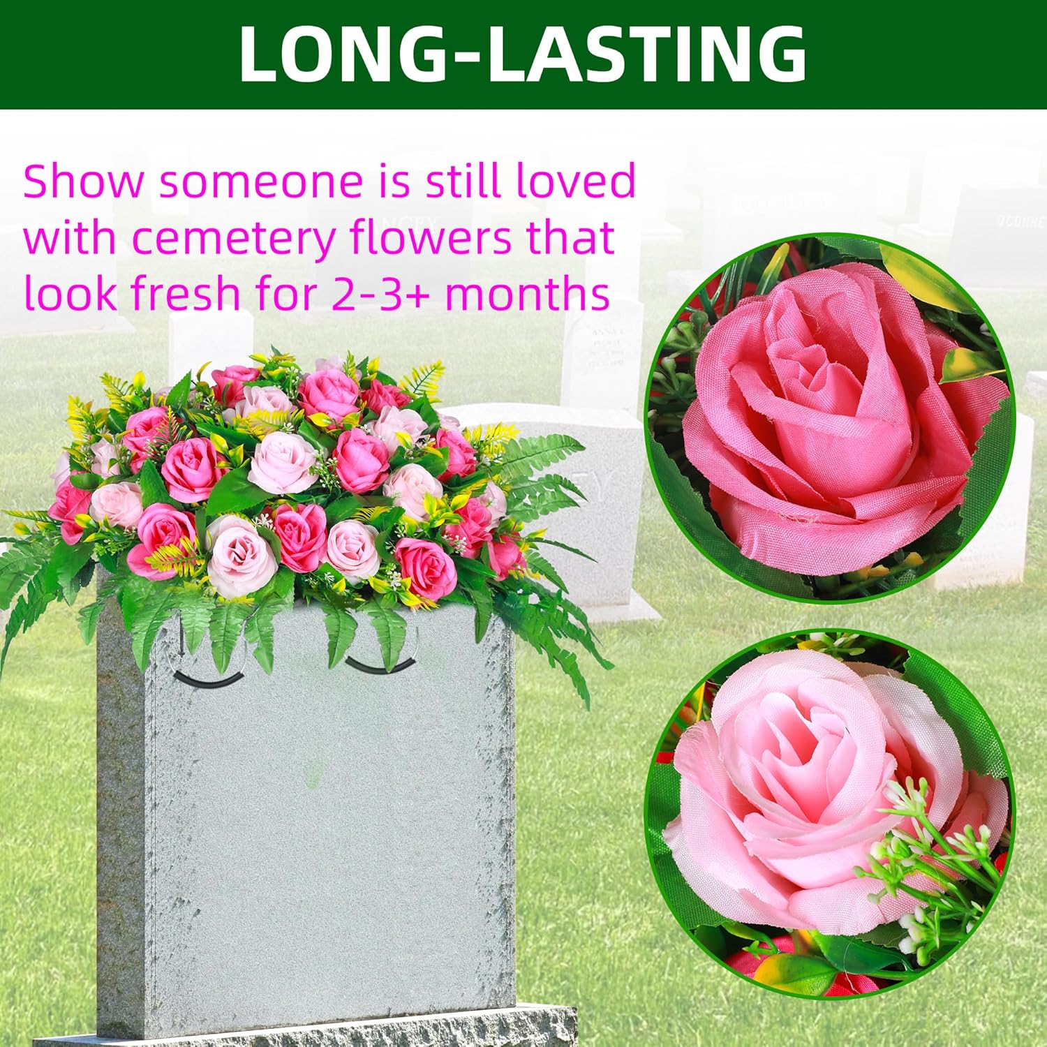 Artificial Cemetery Flowers, Artificial Silk Flower Arrangement,Artificial Rose Bouquet Grave Memorial Flowers With Headstone Flower Saddle For Graveyard Headstones Decoration (1, Pink And Red)