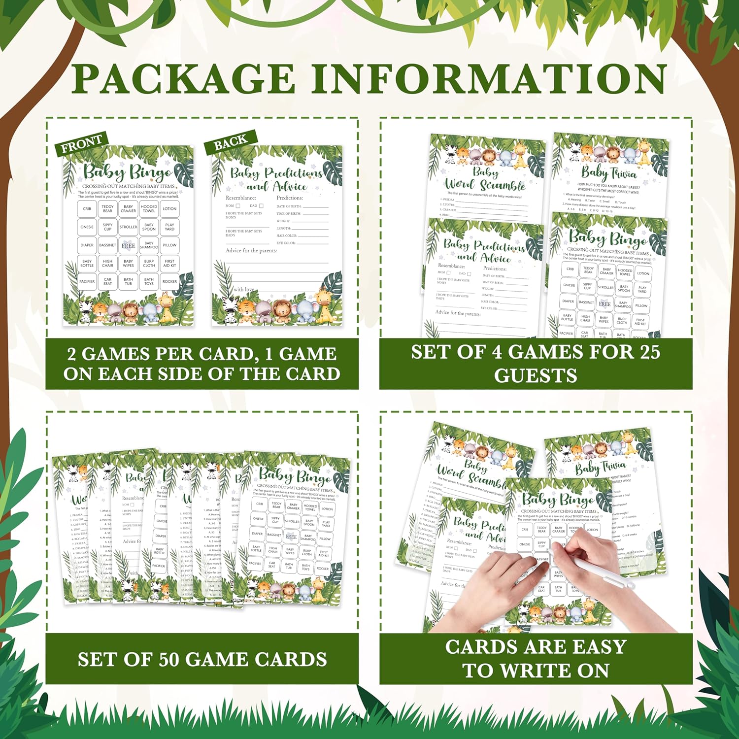 Safari Animals Baby Shower Games Card Set, Includes Baby Word Scramble, Baby Trivia, Baby Predictions And Advice, Baby Shower Bingo, Baby Shower Gender Reveal Party Decoration Favors, Set Of 50 -01