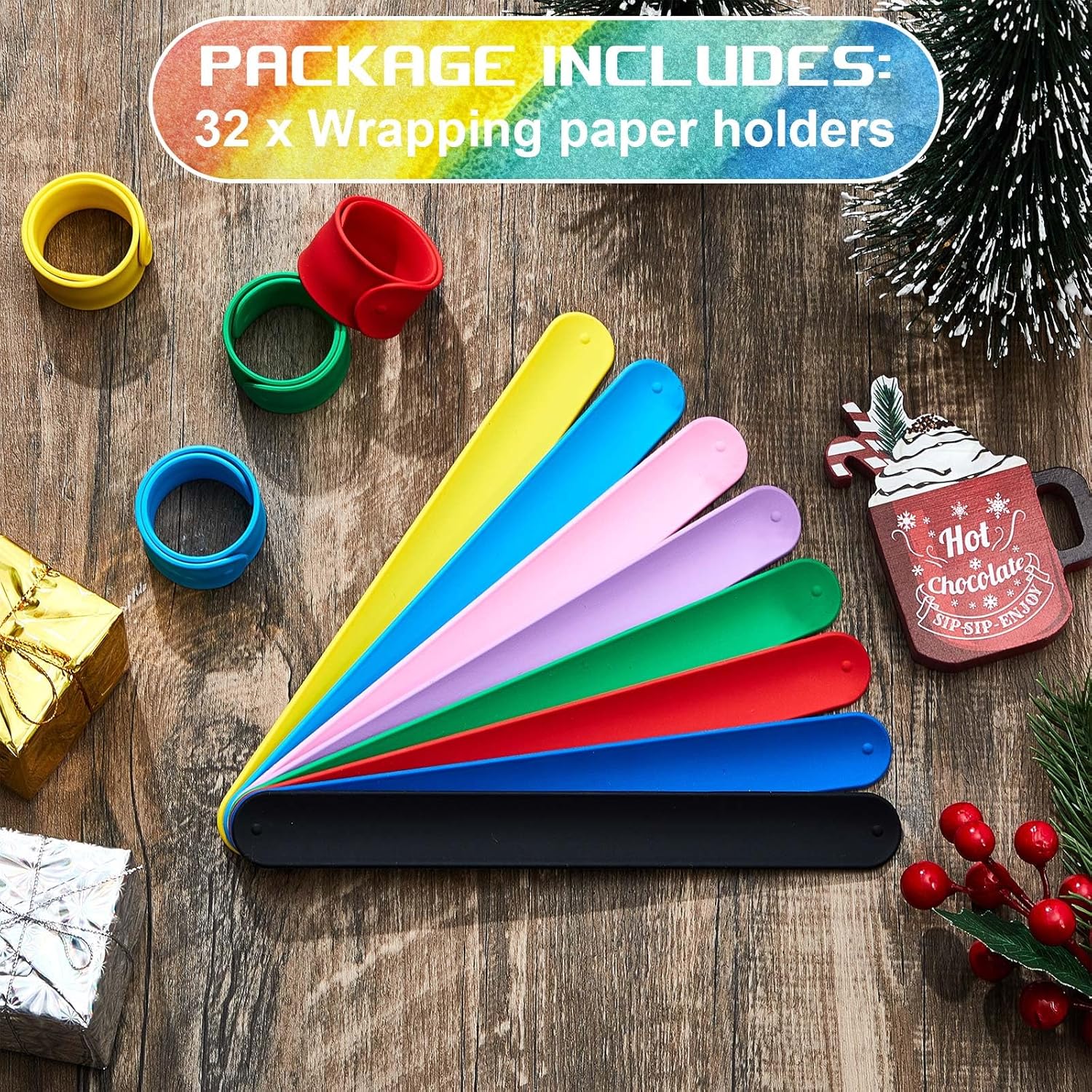 32 Pcs Wrapping Paper Roll Holder Clips Silicone Covered Metal Strips Flip 1 X 9 In Poster Holder Slap Band For Christmas Wedding Graduation Gift Wapping