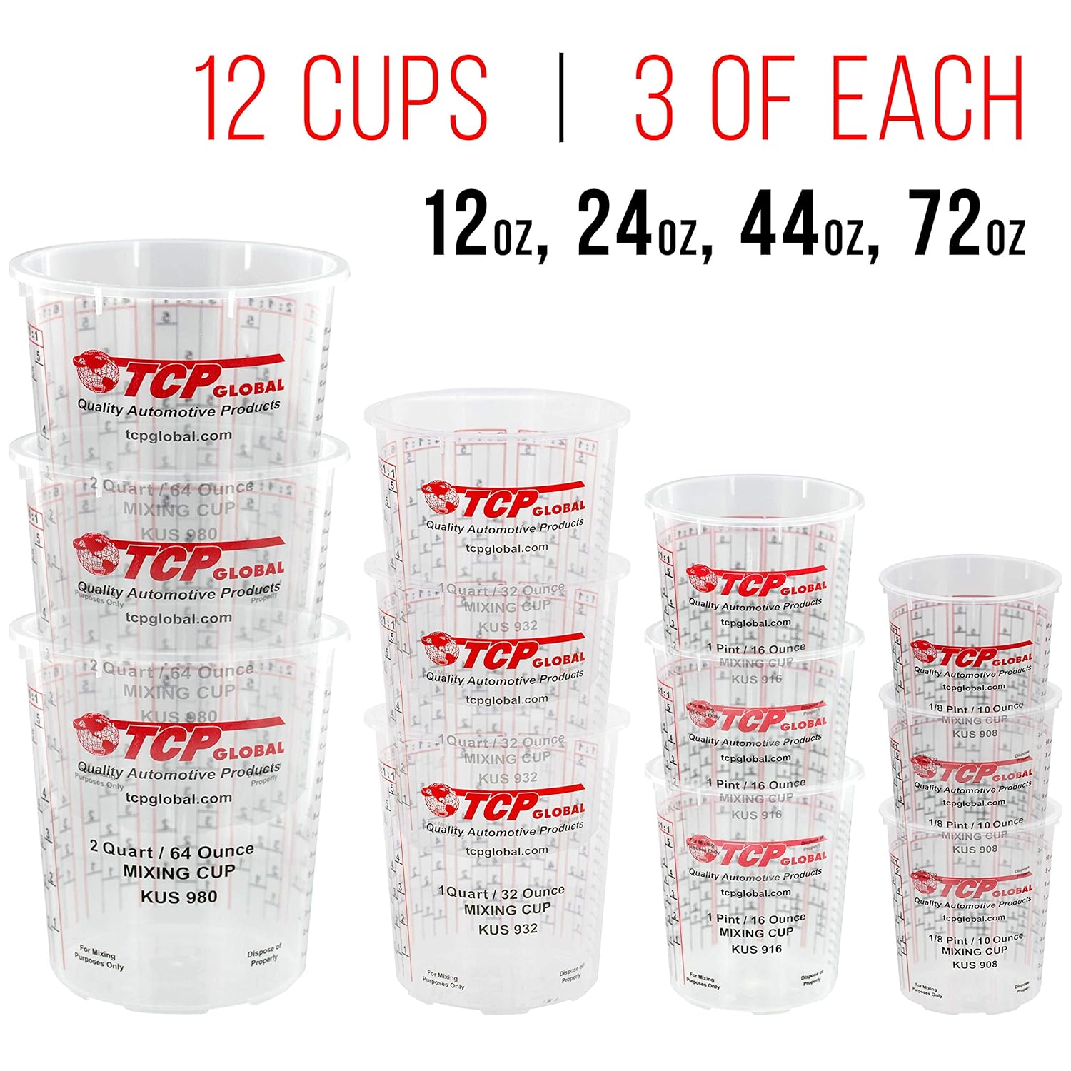Paint Mixing Cup Kit - 12 Plastic Paint Cups (3 Of Each Size 12, 24, 44, 72 Ounce), Sticks, Strainers, Tack Cloths, Mixer Blade & Can Opener - Epoxy Resin Mixing Cups For Measuring