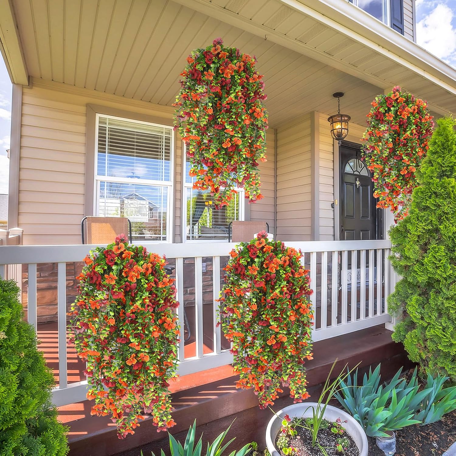 12 Pcs Fall Artificial Hanging Flowers Plants For Outdoor Decoration Fake Silk Mums Uv Resistant Daisy Look Real Autumn Violets With Eucalyptus Trailing Vines Porch Patio Yard Garden Balcony