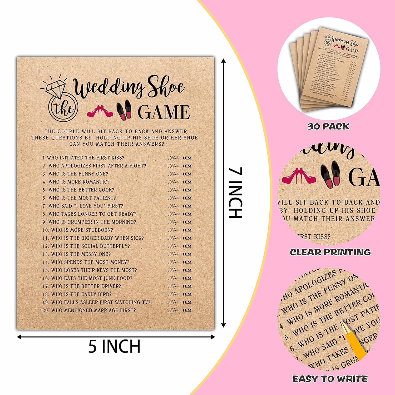 Bridal Shower Game Set - Wedding Shoe Party Game Cards For Wedding - Kraft Rustic Wedding Party Favor Decor - Unique Engagement/Bachelorette Party Games Supplies & Activities - 30 Game Cards(E03)