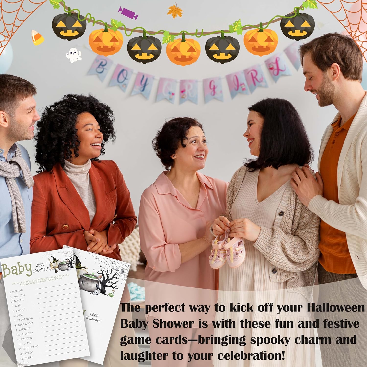 Halloween Baby Shower Games, 25 Pcs Baby Word Scramble Cards For Guests, Witch Hat Gender Reveal Decorations For Party Favors - B07