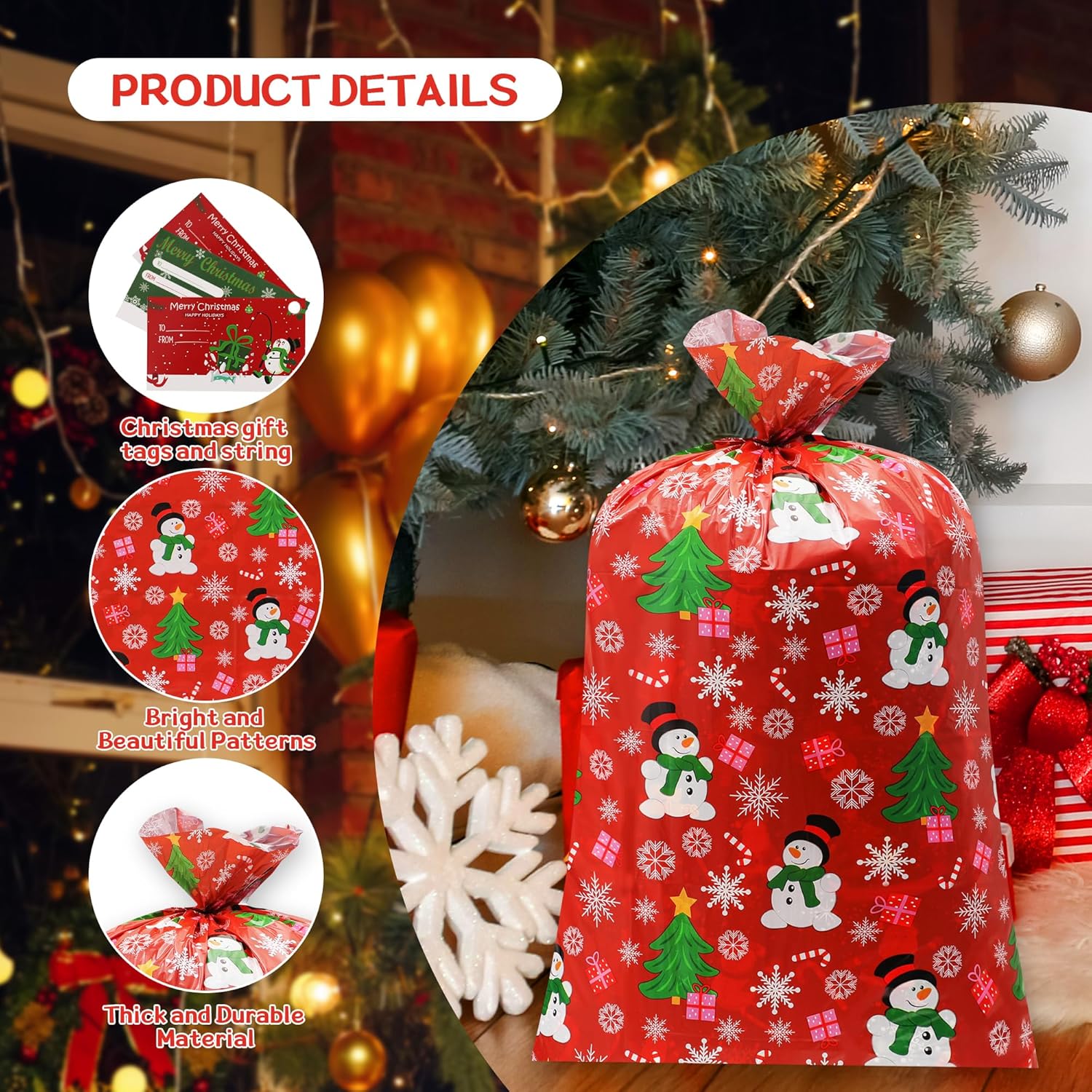 Large Christmas Gift Bags - 3 Pcs Jumbo Christmas Bags 56"X36" - Big Santa Gift Bags For Giant Gifts - Heavy Duty Plastic Xmas Bags For Presents