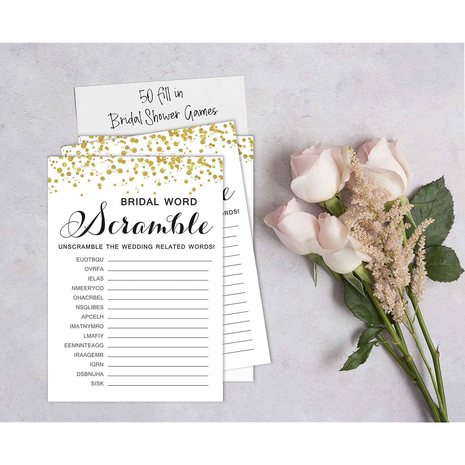 50-Pack Wedding Word Scramble Bridal Shower Game Cards Gold Confetti Party Wedding Supplies