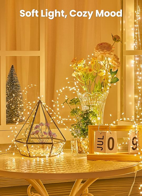 10FT 388 LED Flowing Fairy Lights Plug In Warm White Cluster Firecracker String Lights with 14 Modes Waterproof Christmas Tree Bedroom Garland Decor