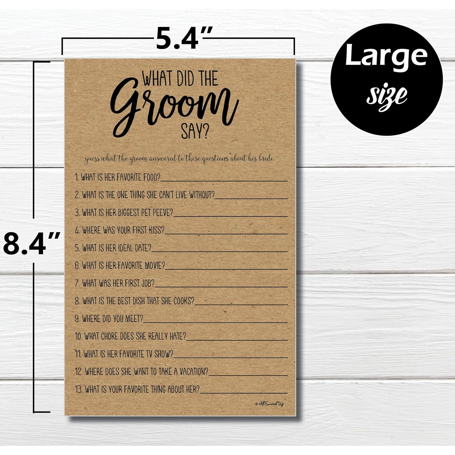 What Did The Groom Say Game - Kraft (50-Sheets) Rustic Bridal Wedding Shower Or Bachelorette Party Game, Printed Engagement Rehearsal (Large Size Sheets)