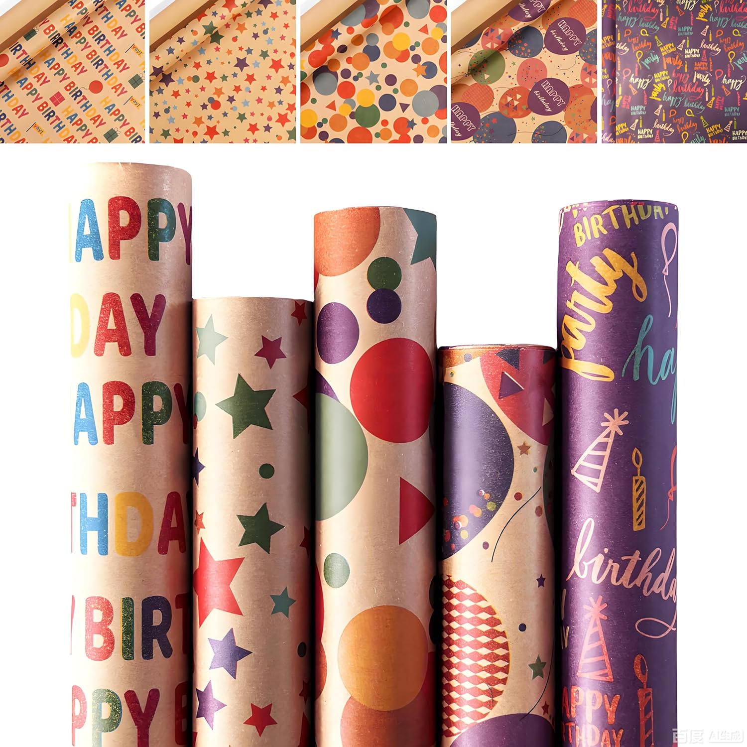 Birthday Wrapping Paper, 5 Rolls Kraft Gift Wrap For Birthday, Party, Holiday, Baby Shower, Recyclable Wrapping Paper Girl Boy Kids Adult, 17 Inch X 9.8 Feet