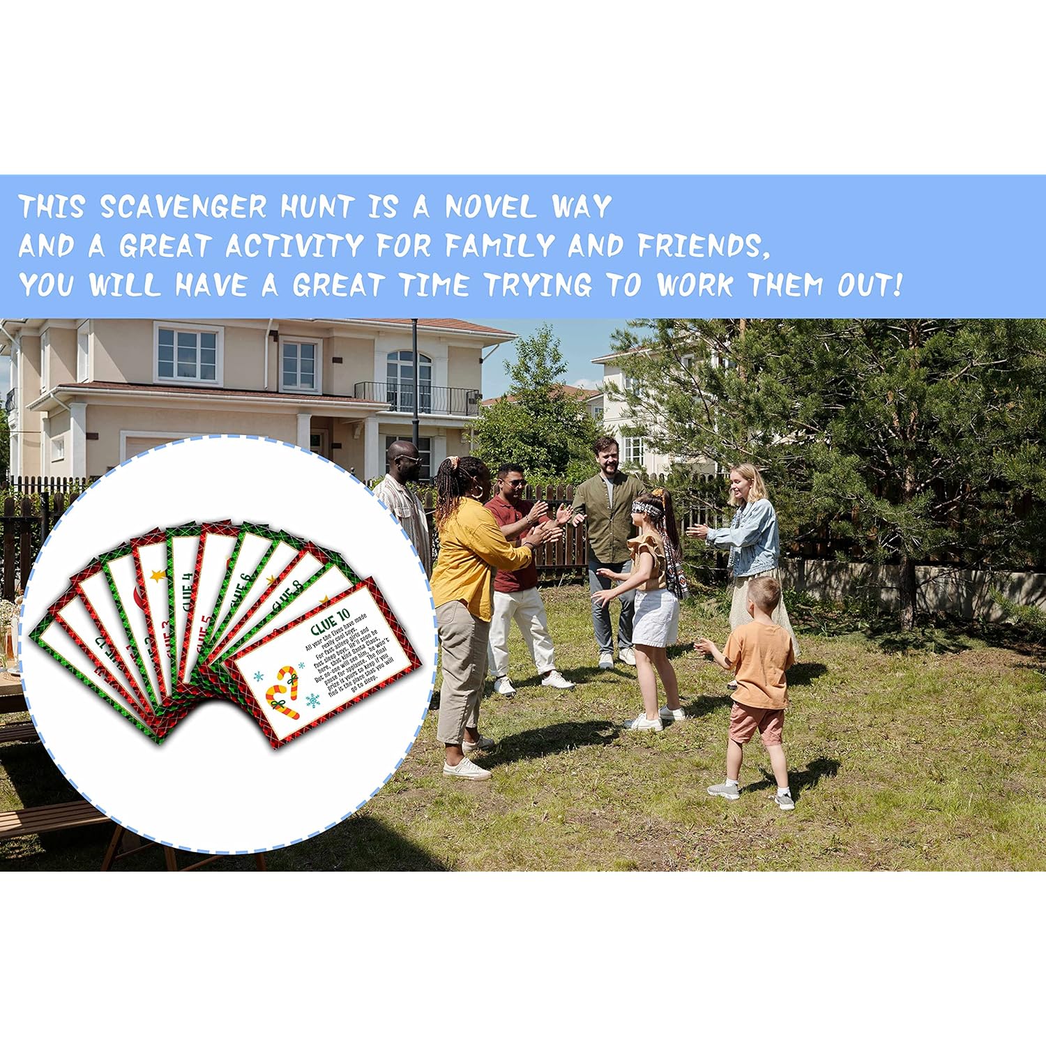 Christmas Party Games - Christmas Scavenger Treasure Hunt Clues Cards, Xmas Game Cards, Christmas Eve/Happy New Year Party Supplies Decorations(13 Cards With Colourful Envelopes)